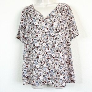 Pleione Blouse Medium WomensShort Sleeve Floral Multicolor V Front - V Back Top